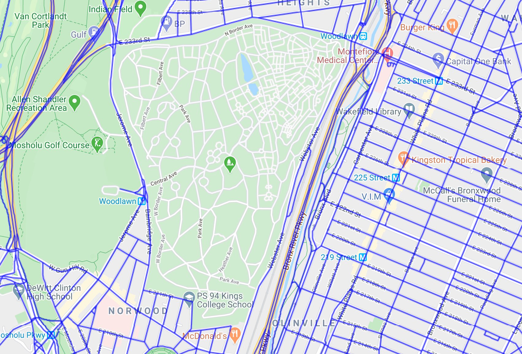 a screenshot NYC Centerline on a park in the Bronx. Road data is missing, but the map shows that there are in fact streets.