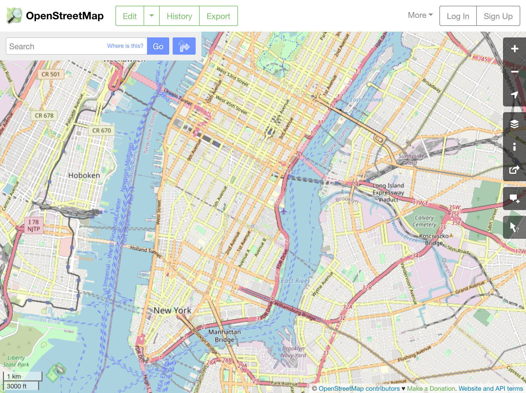 a screenshot from openstreetmap.org centered on New York City