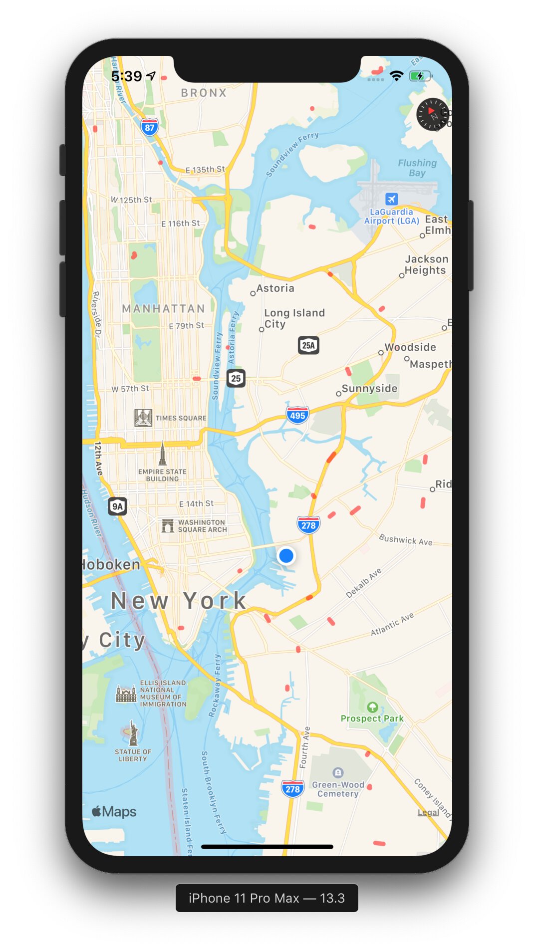 A screenshot from the iOS simulator showing a map of New York with a bunch of random, sparse road segments highlighted.